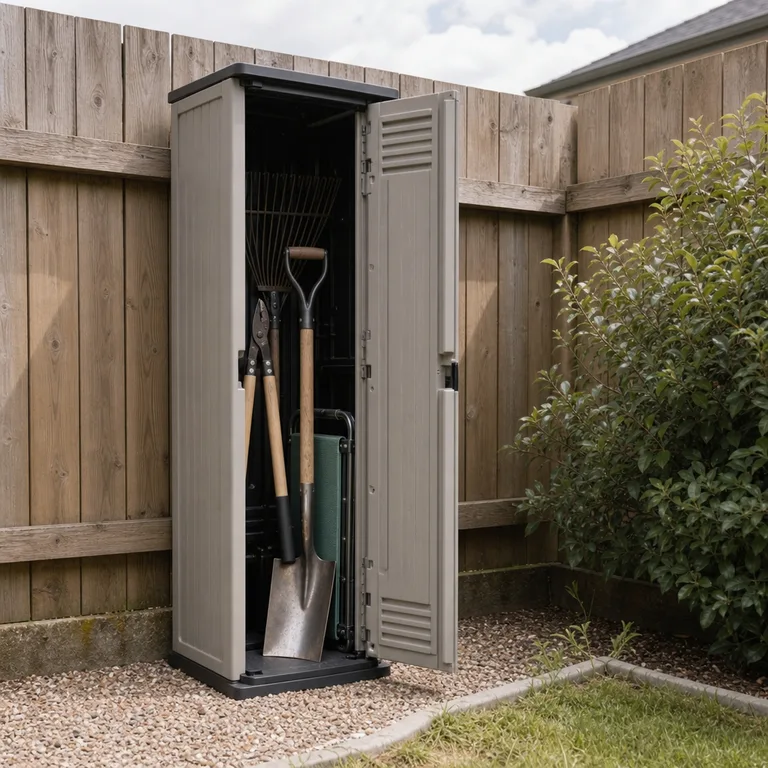 Slim outdoor storage locker for long garden tools beside a wooden fence.