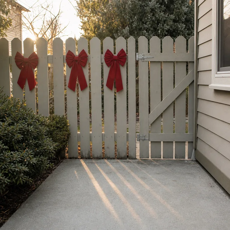 Red weather-resistant bows on fixed fence pickets, leaving the adjacent gate latch and swing area clear.