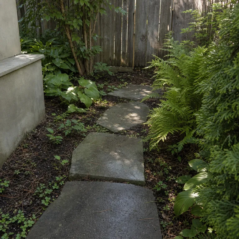 Concrete stepping stones form a path through low plants in a shaded backyard bed.