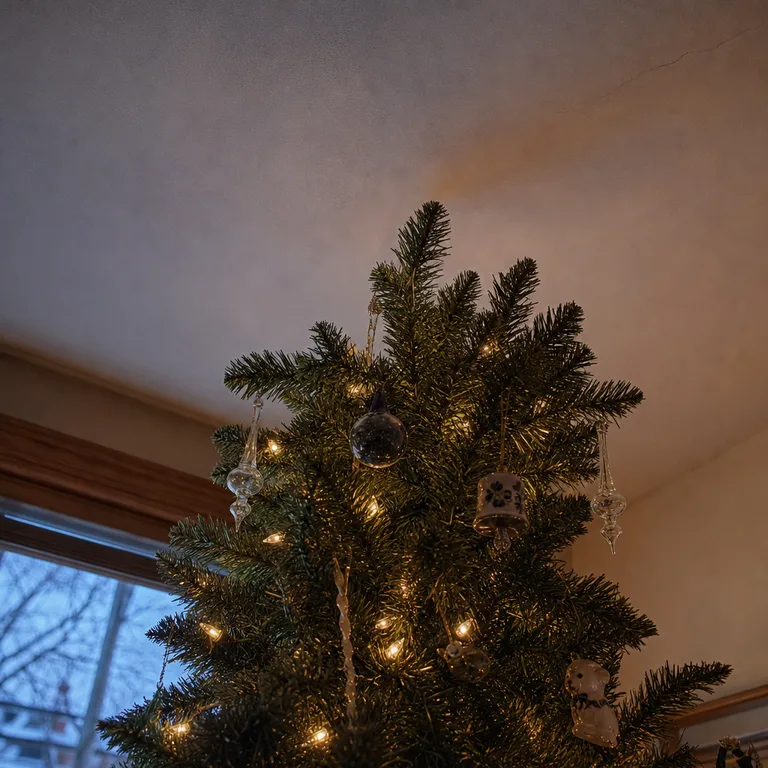 Fragile glass and ceramic ornaments are placed high on inner tree branches.