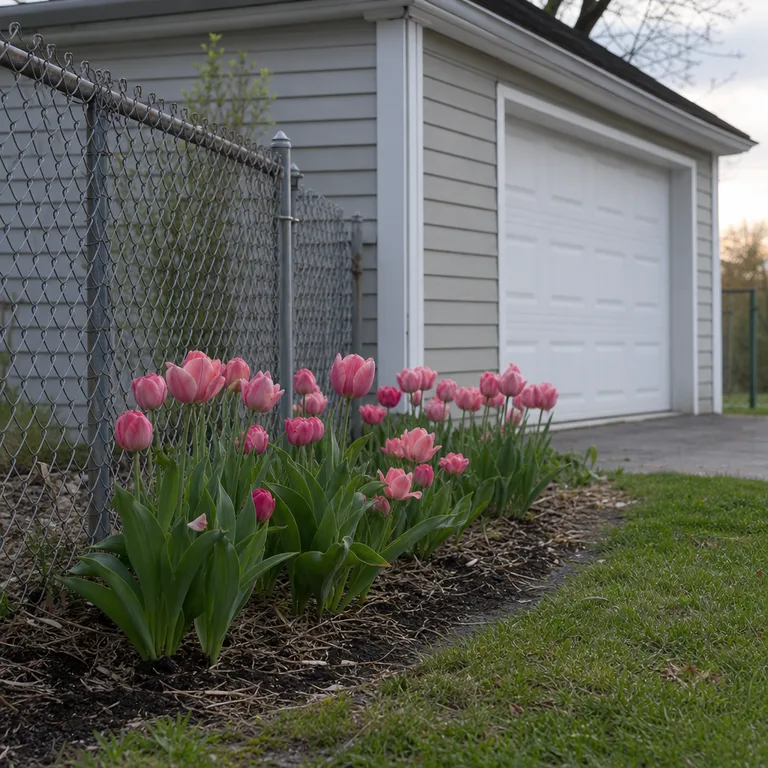 An informal oval drift of pink tulips blooms in an open bed near a garage fence.