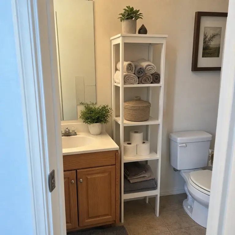 Slim freestanding shelf beside a bathroom vanity holding rolled towels and small storage bins.