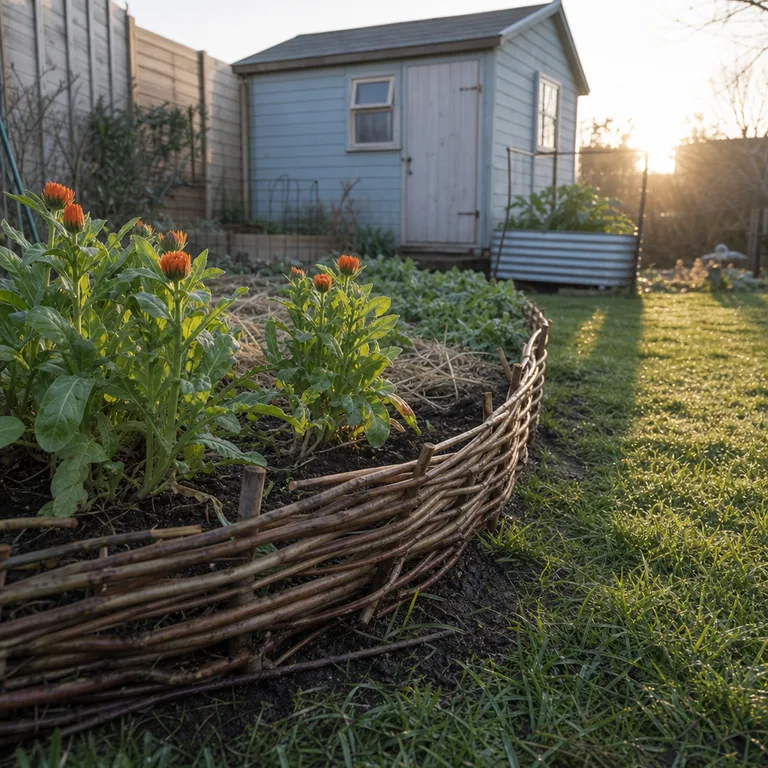 A low woven willow border around a small cottage-style flower bed.