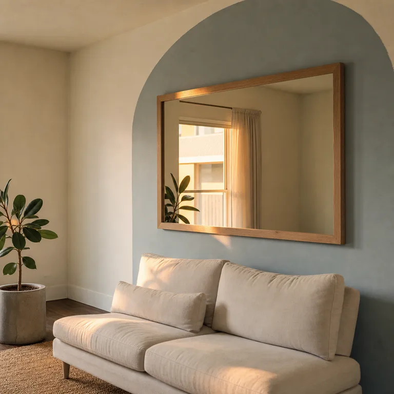 A large oak-framed mirror centered on a muted blue painted arch above a cream sofa.