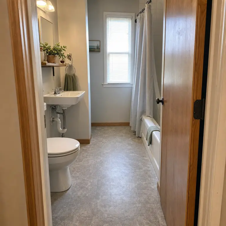 A compact bathroom has an open floor path because no laundry hamper is inside.