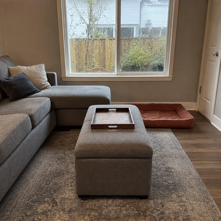 Rust-colored pet bed positioned behind a gray upholstered storage ottoman in front of a sectional.