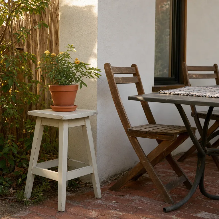 A painted wooden stool used as a plant stand beside older patio furniture.