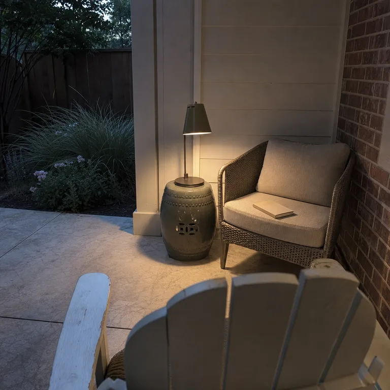 A portable rechargeable table lamp lights one patio reading chair at twilight.