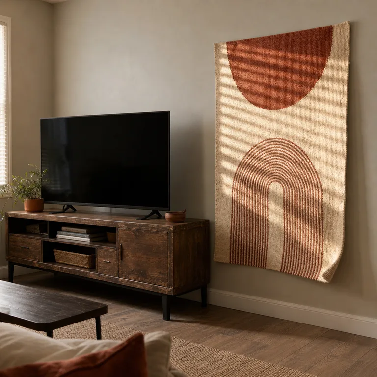 A large cream and rust woven wall textile hangs beside a TV on a brown console.