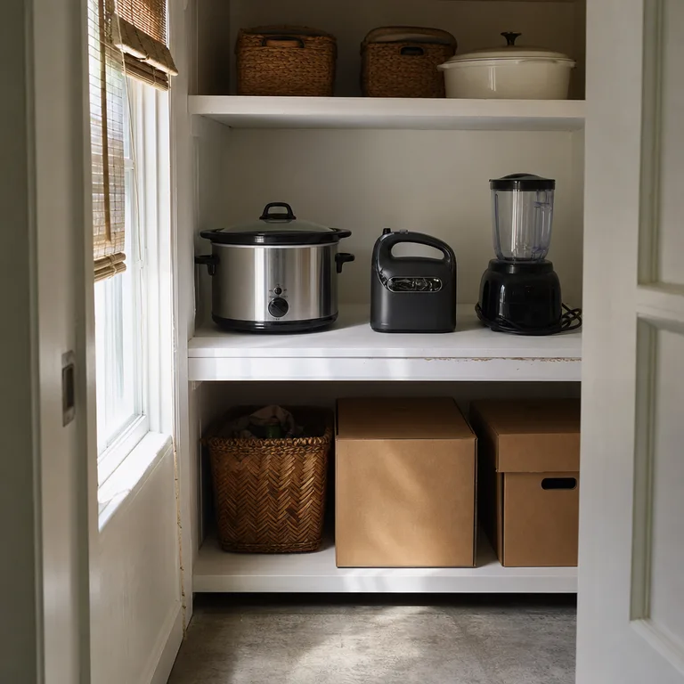 A slow cooker, hand mixer, and blender arranged in one row on an open pantry shelf.