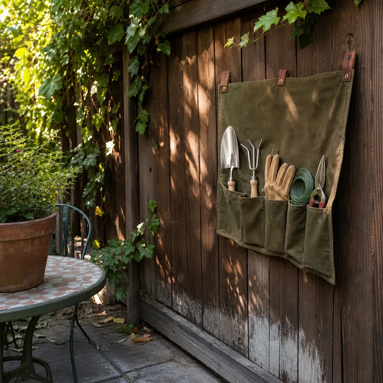 Canvas hanging organizer storing hand tools on a sheltered wooden fence.