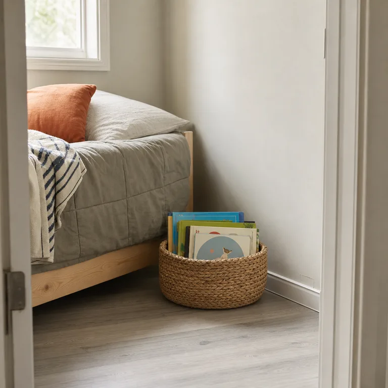 A low woven basket beside a child's bed holds a small front-facing selection of picture books.