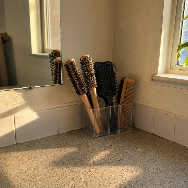 A clear divided container holding hair brushes and combs upright on a small bathroom vanity.