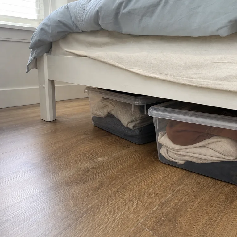 Clear lidded bins holding folded clothes stored beneath a simple bed in a small bedroom.