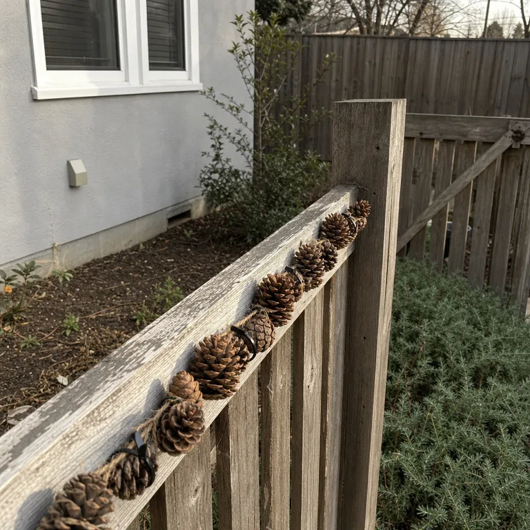 A pinecone strand secured to the top rail of a fixed wooden fence panel and stopping at the gatepost.