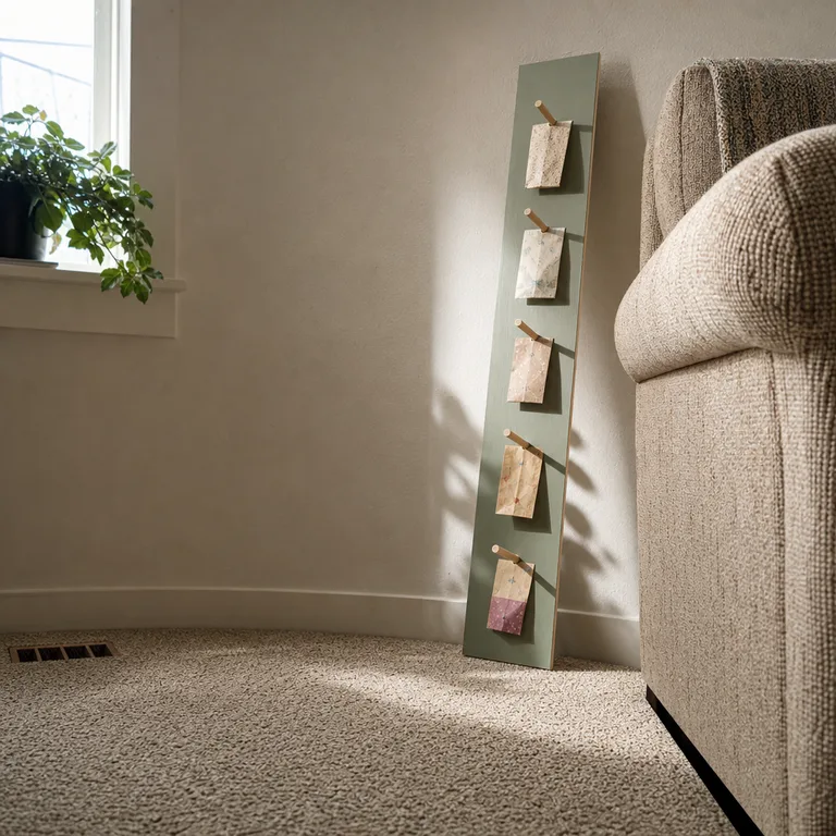 A narrow peg board leaning behind a sofa arm holds small Advent packets.