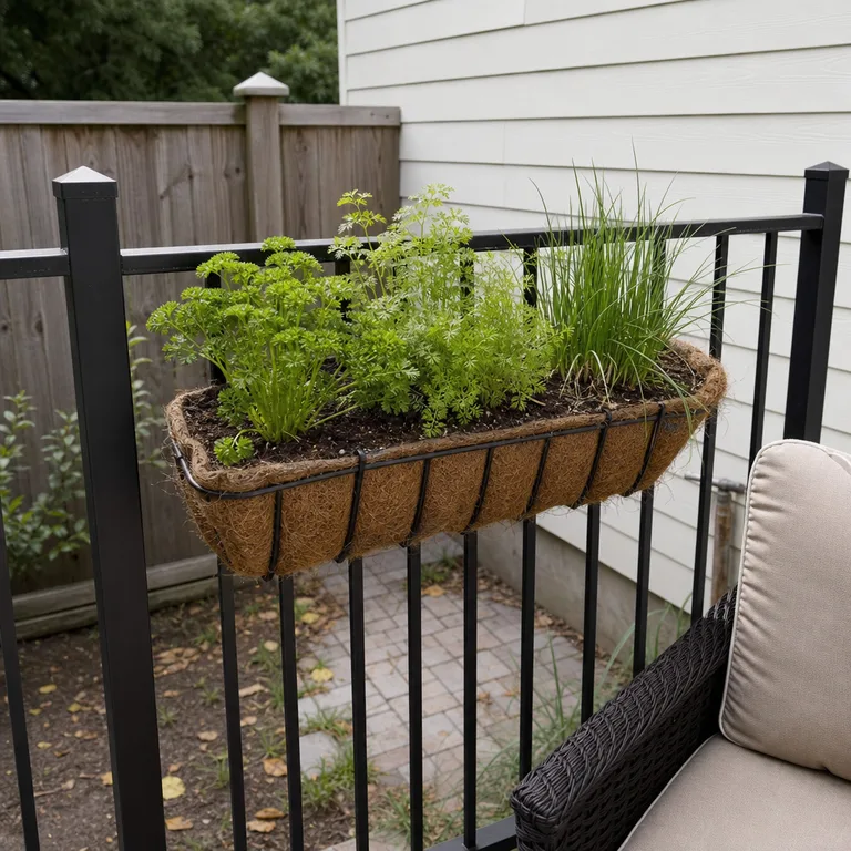 A railing planter of parsley, chervil, and chives on a small sunny patio.