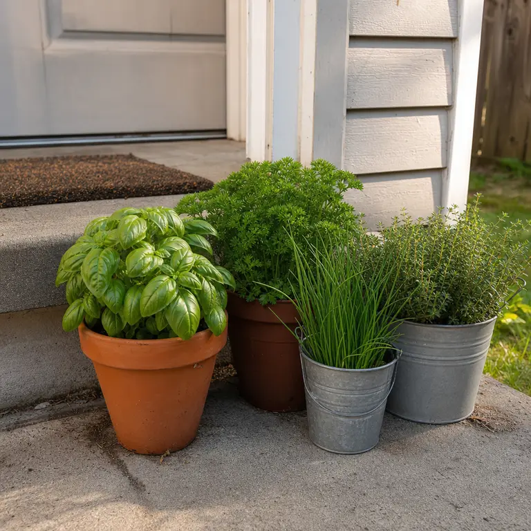 Small individual pots of kitchen herbs grouped beside a back door.