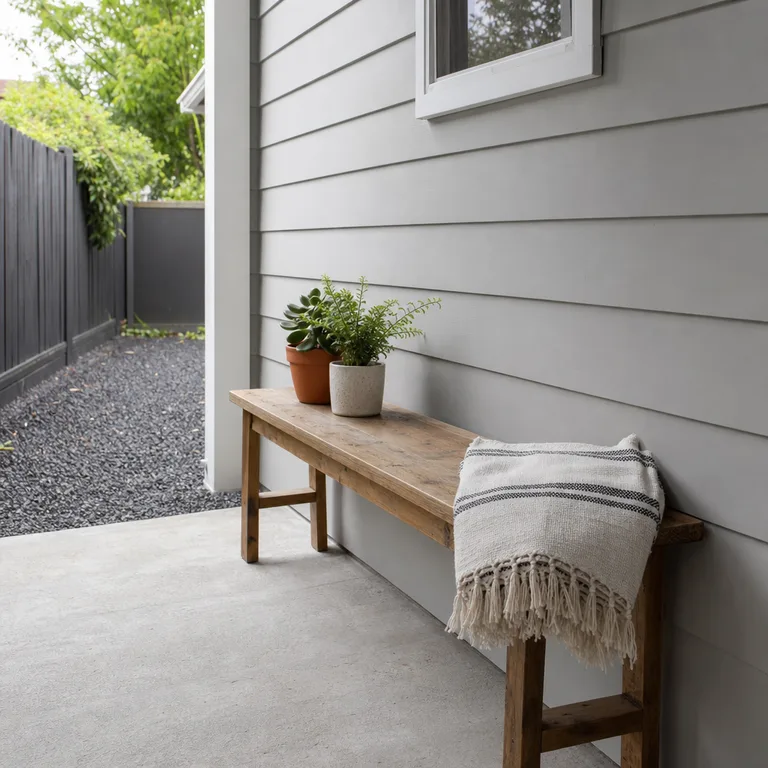 A simple wooden bench adds flexible seating along a narrow patio wall.