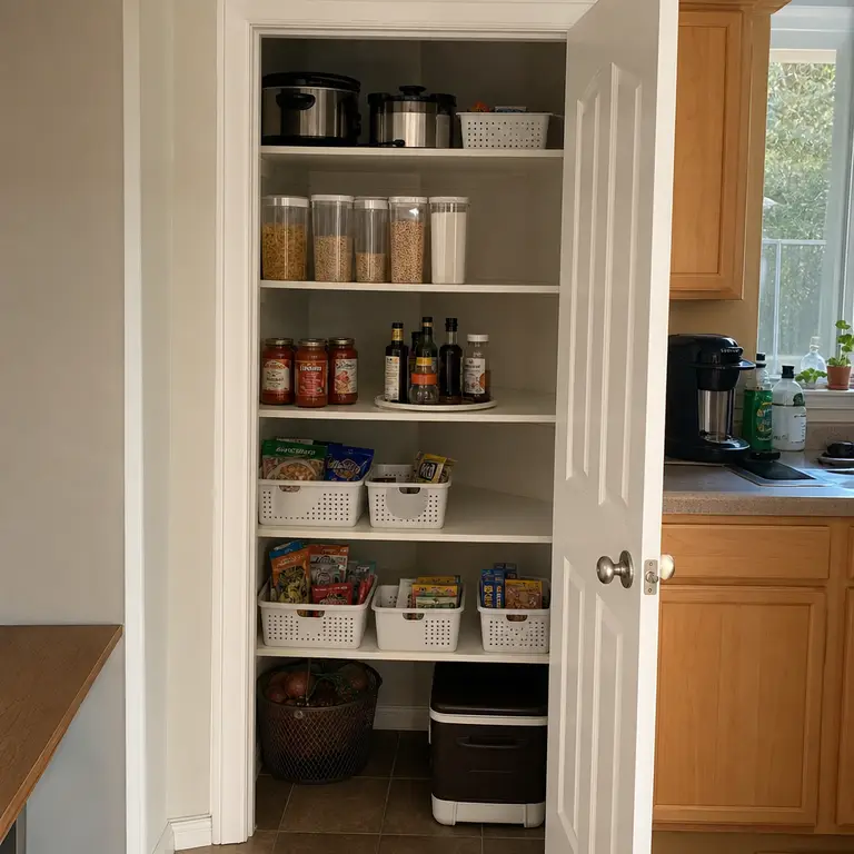 A compact pantry has organized shelves with small open spaces for easy restocking.