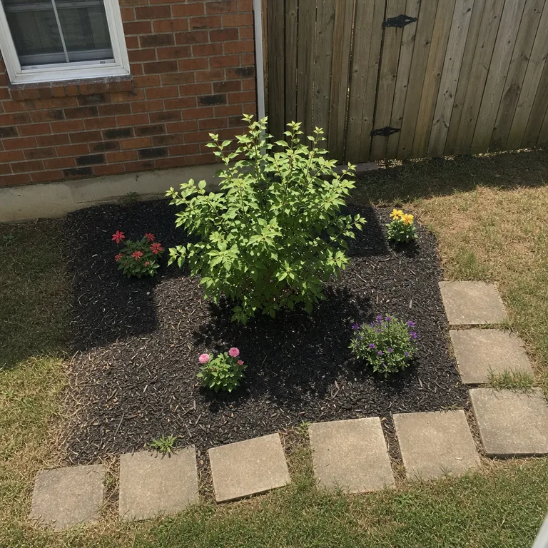 A young shrub forms the center of a small backyard pollinator bed.