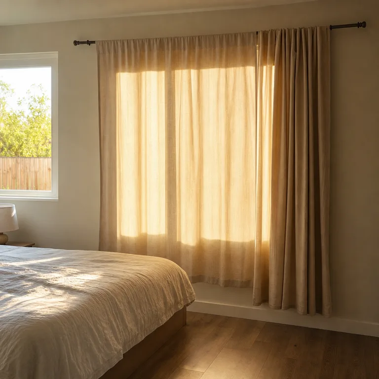 Warm beige curtains hung behind a plain bed as a soft headboard backdrop.