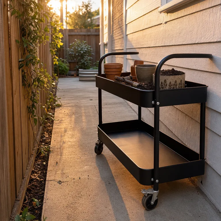 A locked utility cart with a raised tray holds potting supplies on a narrow side patio.