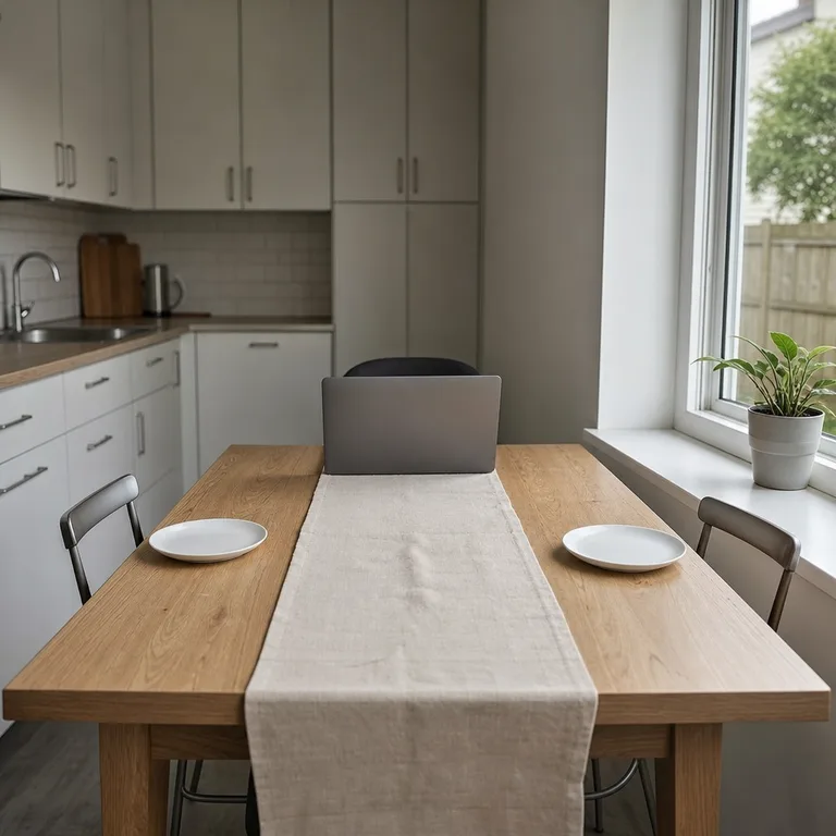 A laptop is set at the end seat of a narrow kitchen table while the side seats remain available for meals.