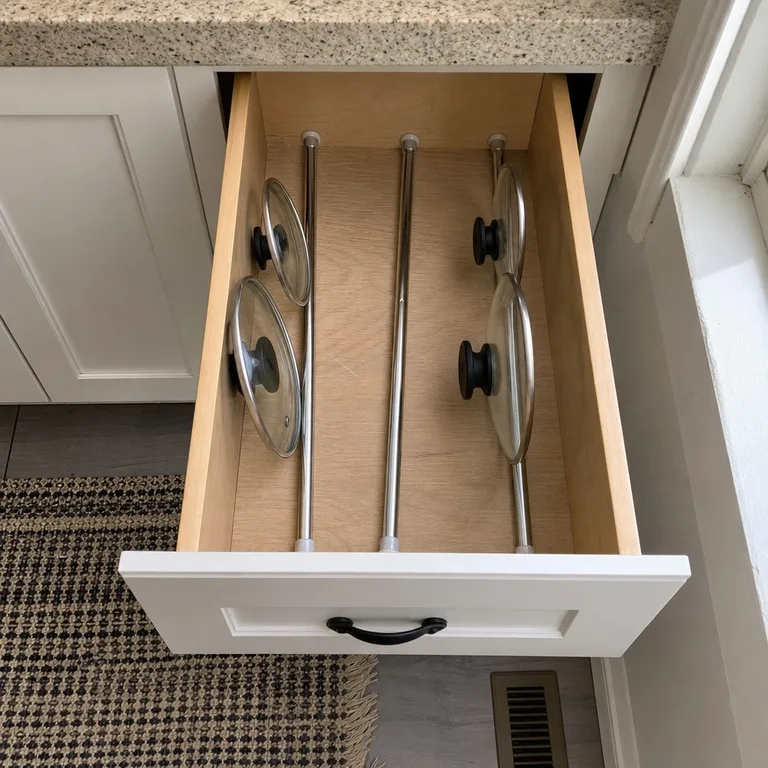 Tension rods forming separate pot lid slots in a kitchen drawer.