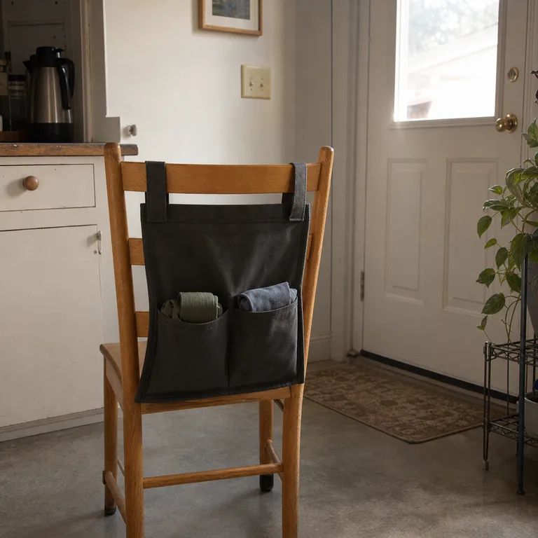 A canvas organizer on the back of a kitchen chair stores folded reusable shopping bags near the exit.