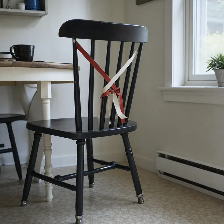 Red and cream narrow ribbons crossed through the upper slats of a black dining chair.
