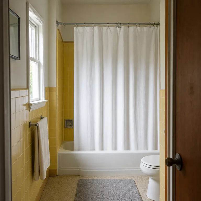 Crisp white shower curtain paired with vintage yellow bathroom tile.