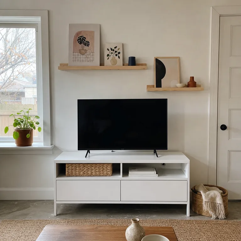 Shallow pine picture ledges with art and ceramics arranged around a TV on a white stand.