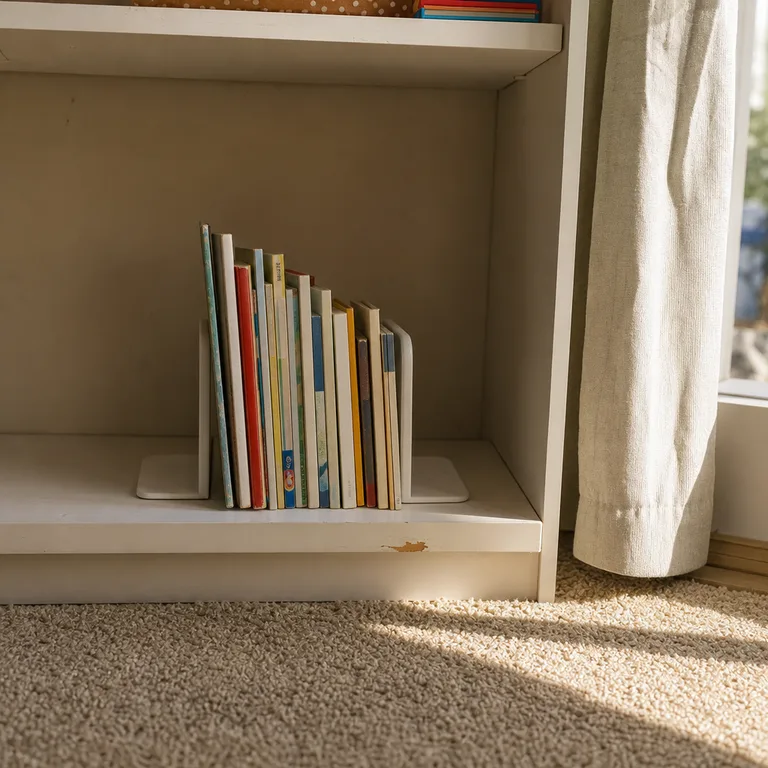 A short row of children's books sits between metal bookends on the lowest shelf of a bedroom bookcase.