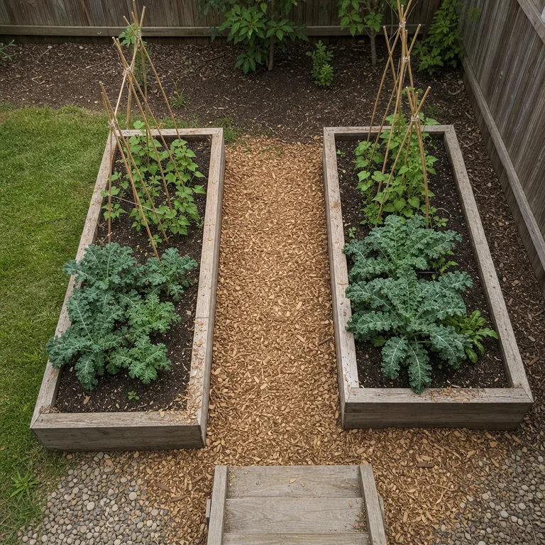 A wood-chip path runs between timber raised vegetable beds in a small backyard.