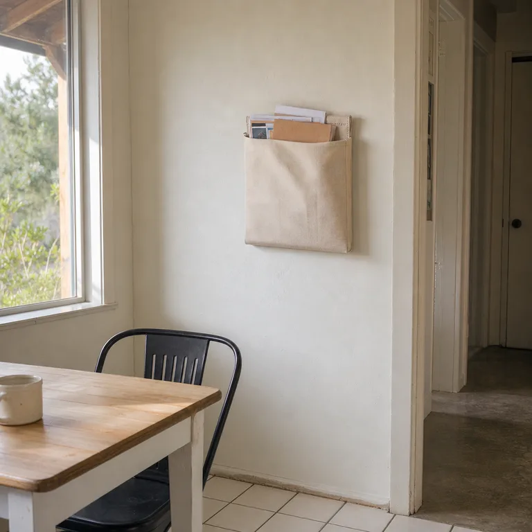 A shallow canvas wall pocket beside a small kitchen table holds papers off the dining surface.