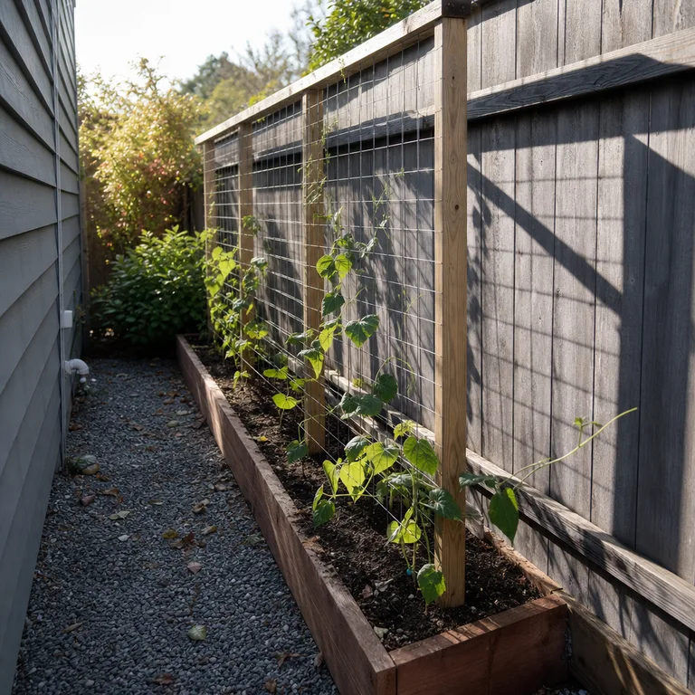 A narrow raised bed with a wood and wire trellis for young climbing bean plants.