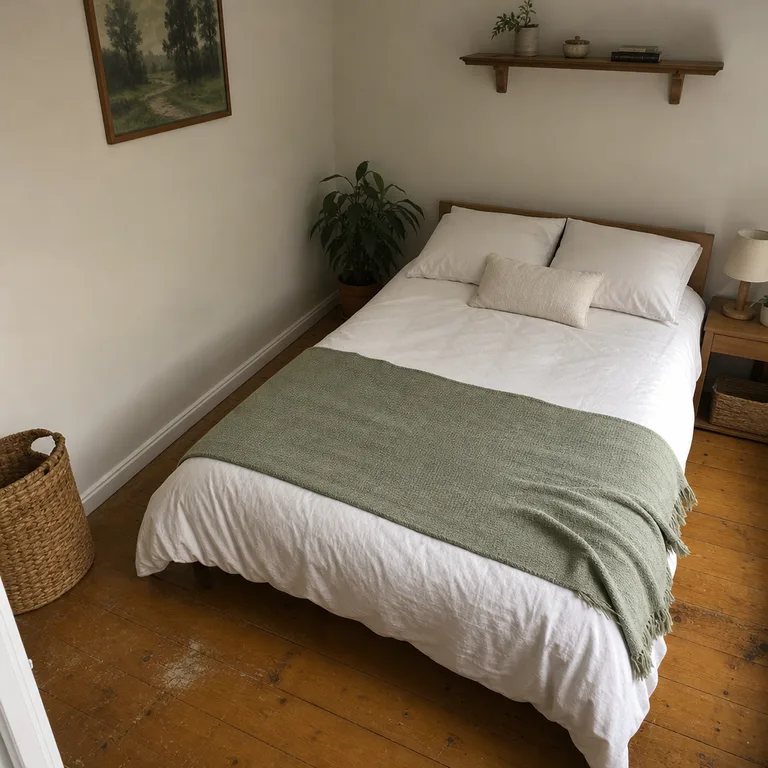 A sage woven throw spread across the lower third of a double bed with white bedding.