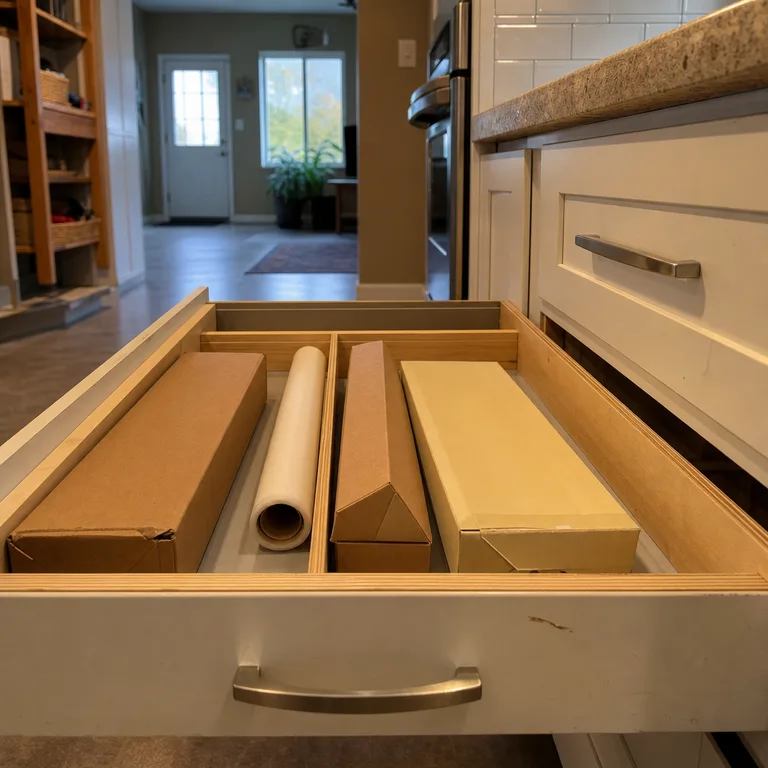 Wide kitchen drawer sectioned to hold foil, parchment, and food wrap boxes.