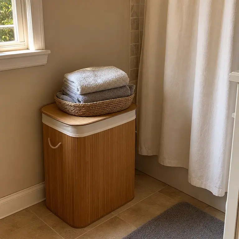 Lidded bathroom hamper topped with a basket of fresh folded towels.