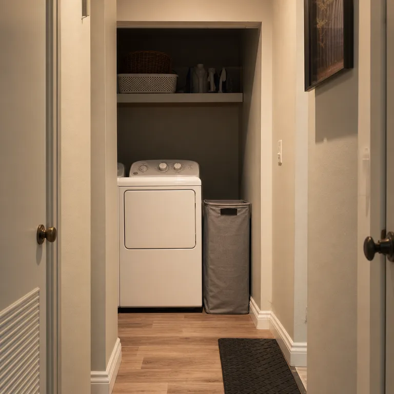 Slim canvas hamper uses the narrow gap beside laundry appliances in a recessed nook.