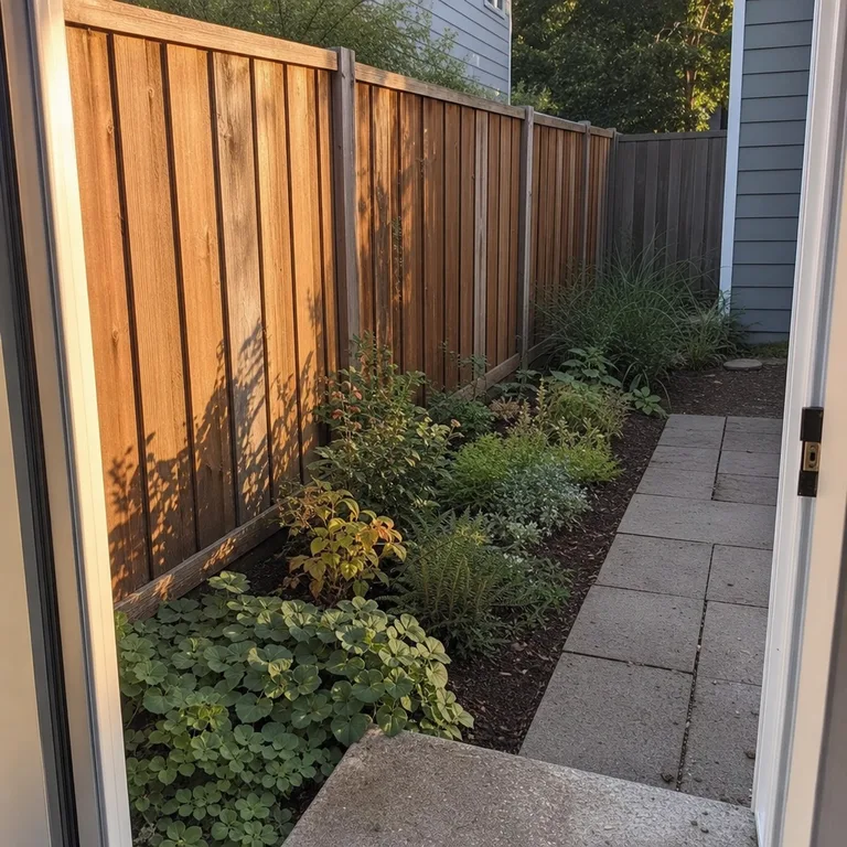 A mixed native groundcover bed replaces lawn along a backyard fence.