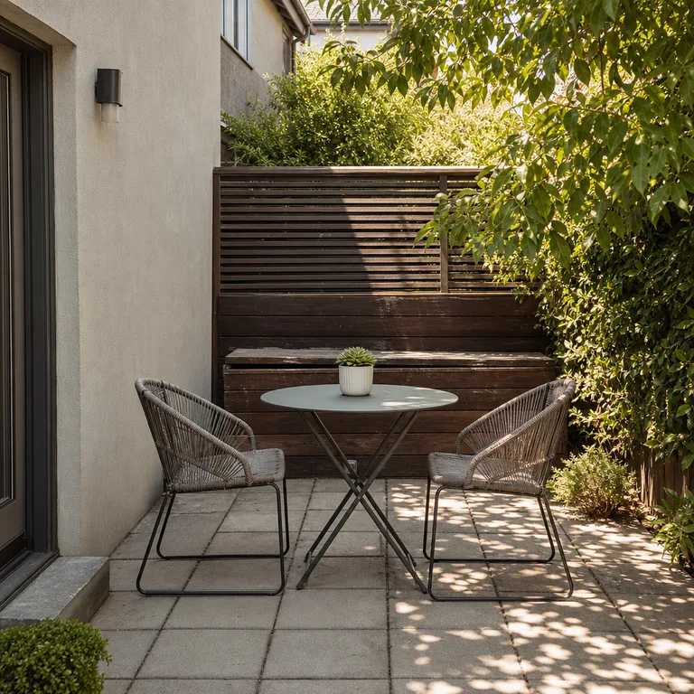 A wood storage bench with a slatted back screens the edge of a compact patio.