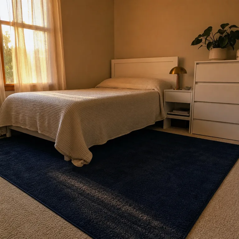 Deep navy rug defining a bed area against light beige wall-to-wall carpet.