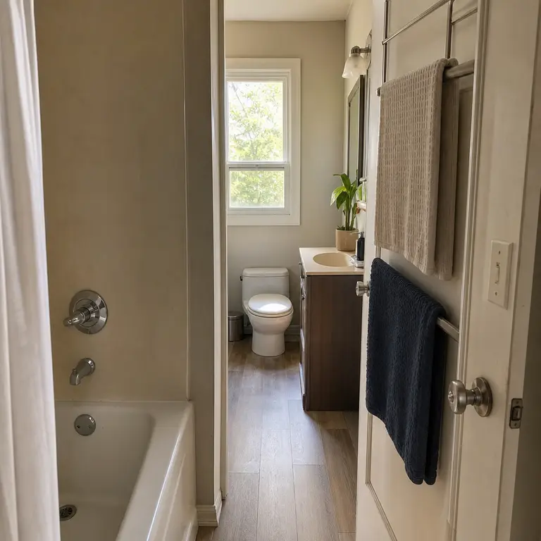A slim rack on the back of a bathroom door holds towels above the clear floor.