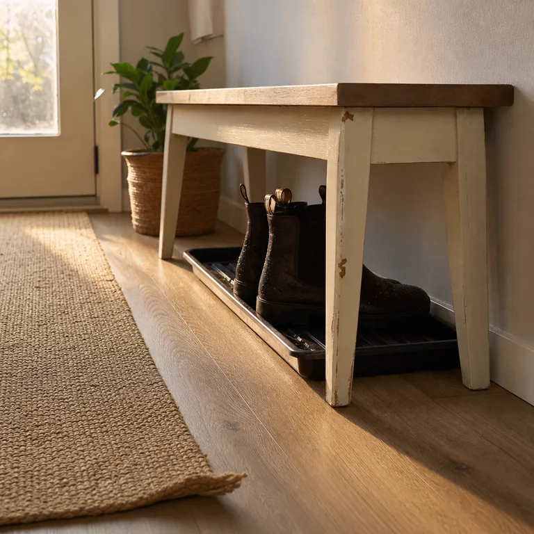 A narrow waterproof tray containing ankle boots slides beneath an existing entry bench.