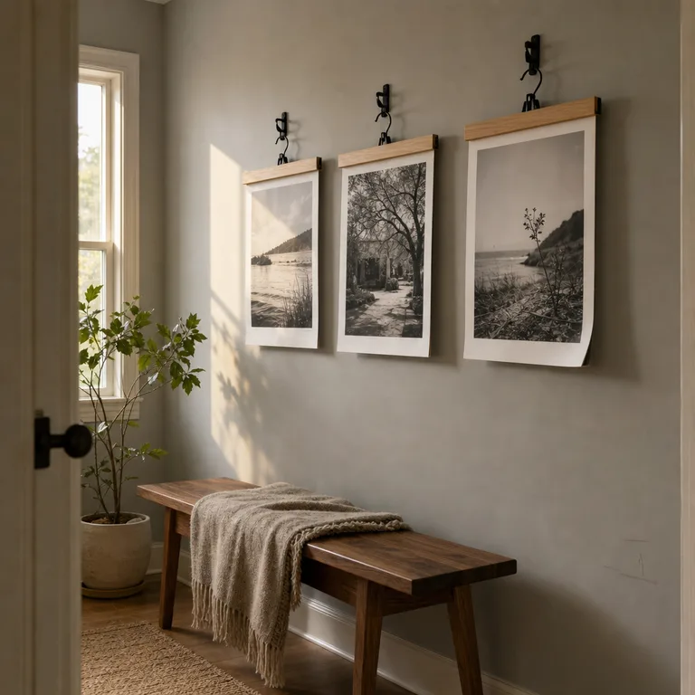 Three black-and-white family photo prints hang from pale wooden clip hangers above a bench.