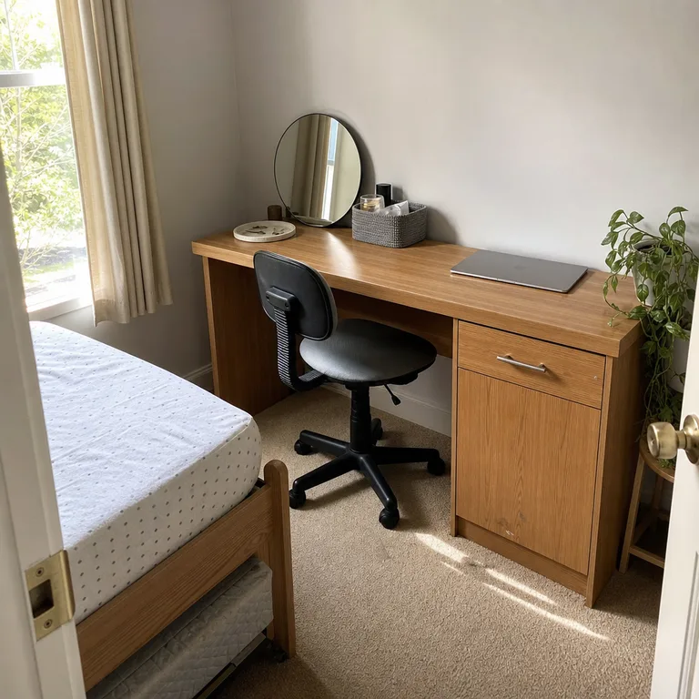 A compact bedroom desk with a mirror and grooming tray on one end and a laptop workspace on the other.