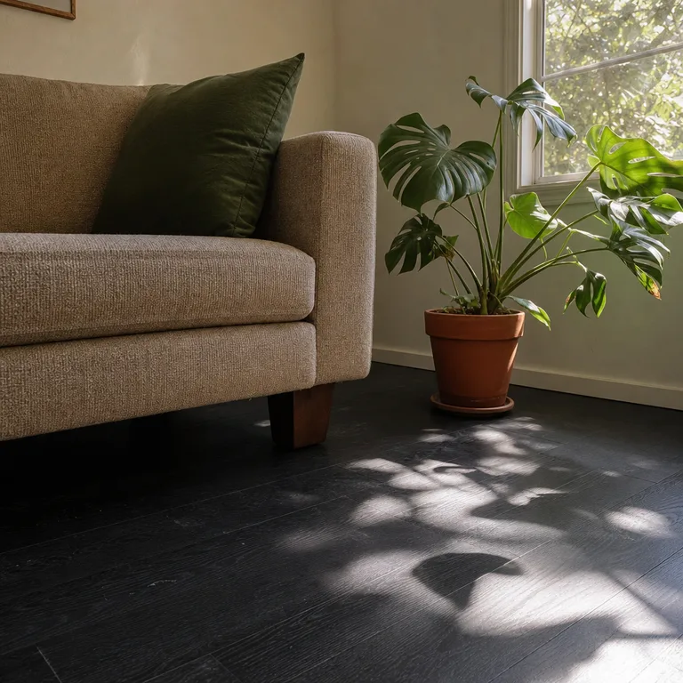 Oatmeal sofa and forest green accents with a houseplant over dark black laminate flooring.