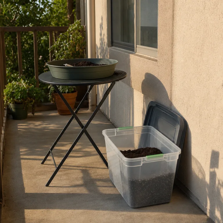 A lidded clear tote of potting mix sits beside a small folding patio table.